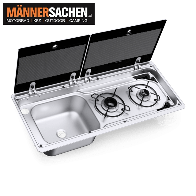 DOMETIC MO 9722L Kombination aus 2-flammigem Kochfeld und Spüle mit Glasdeckel, 760 x 325 mm